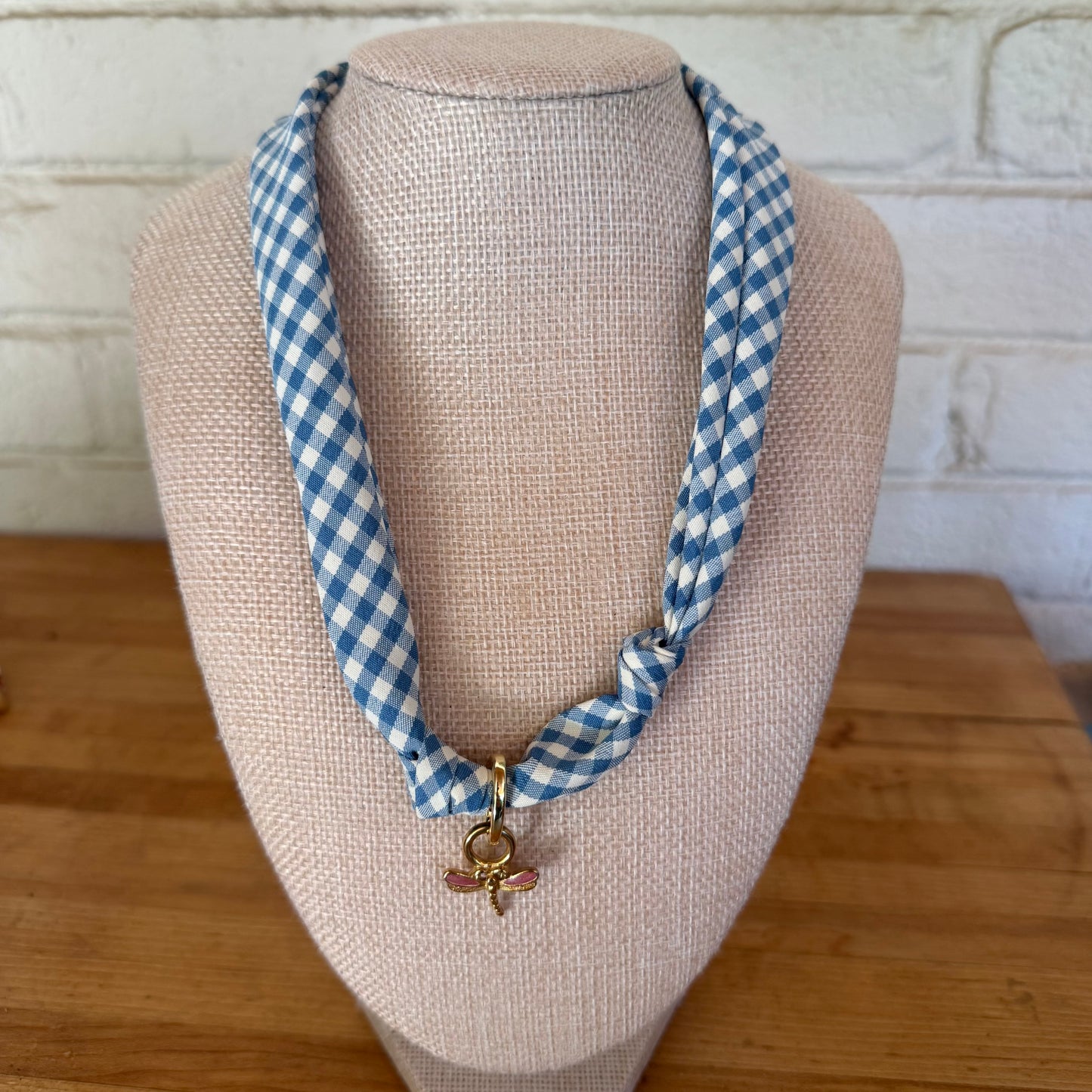 Blue Gingham Knotted Scarf Necklace - Pink Dragonfly