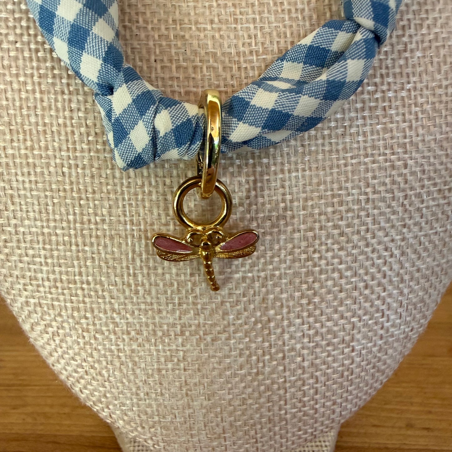Blue Gingham Knotted Scarf Necklace - Pink Dragonfly