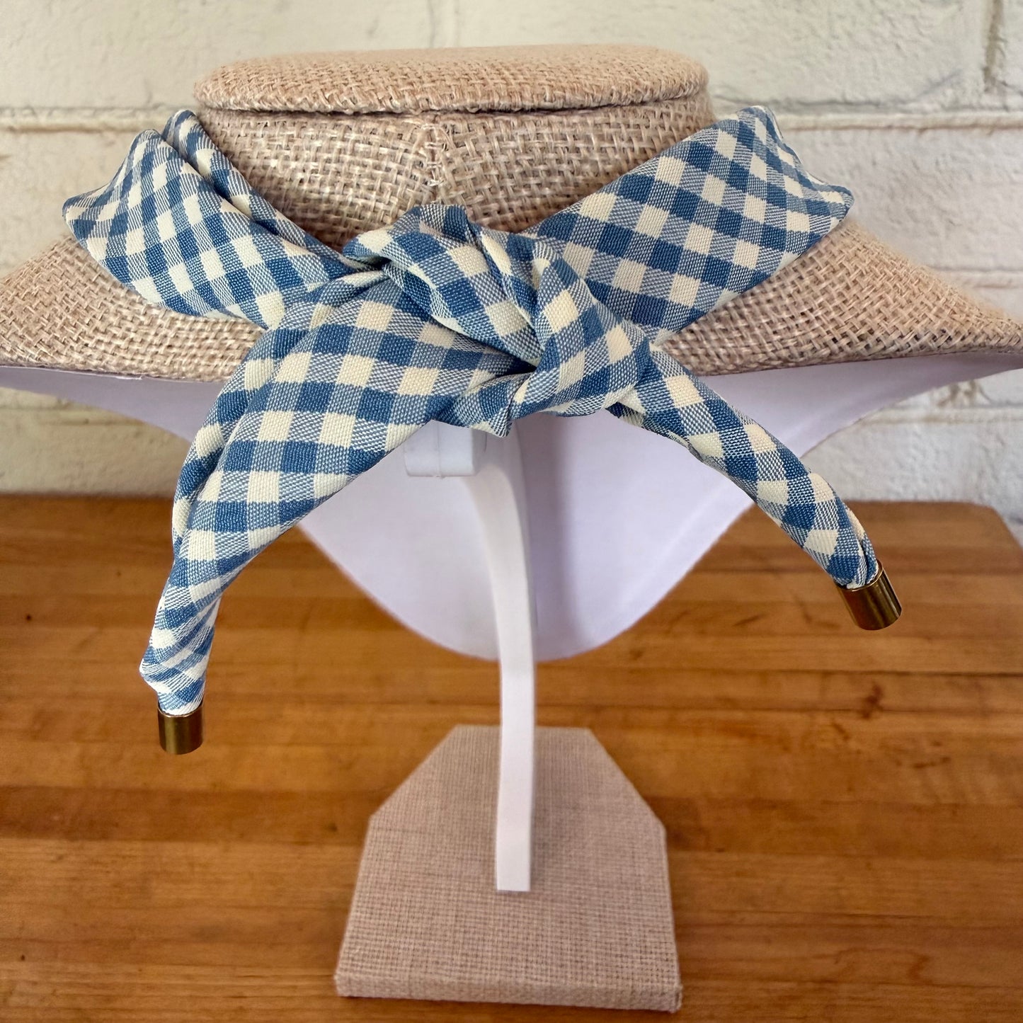 Blue Gingham Knotted Scarf Necklace - Pink Dragonfly