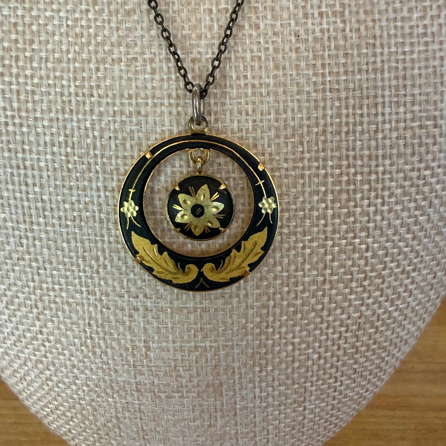 Victorian Black and Gold Enamel Floral Swing Pendant Necklace