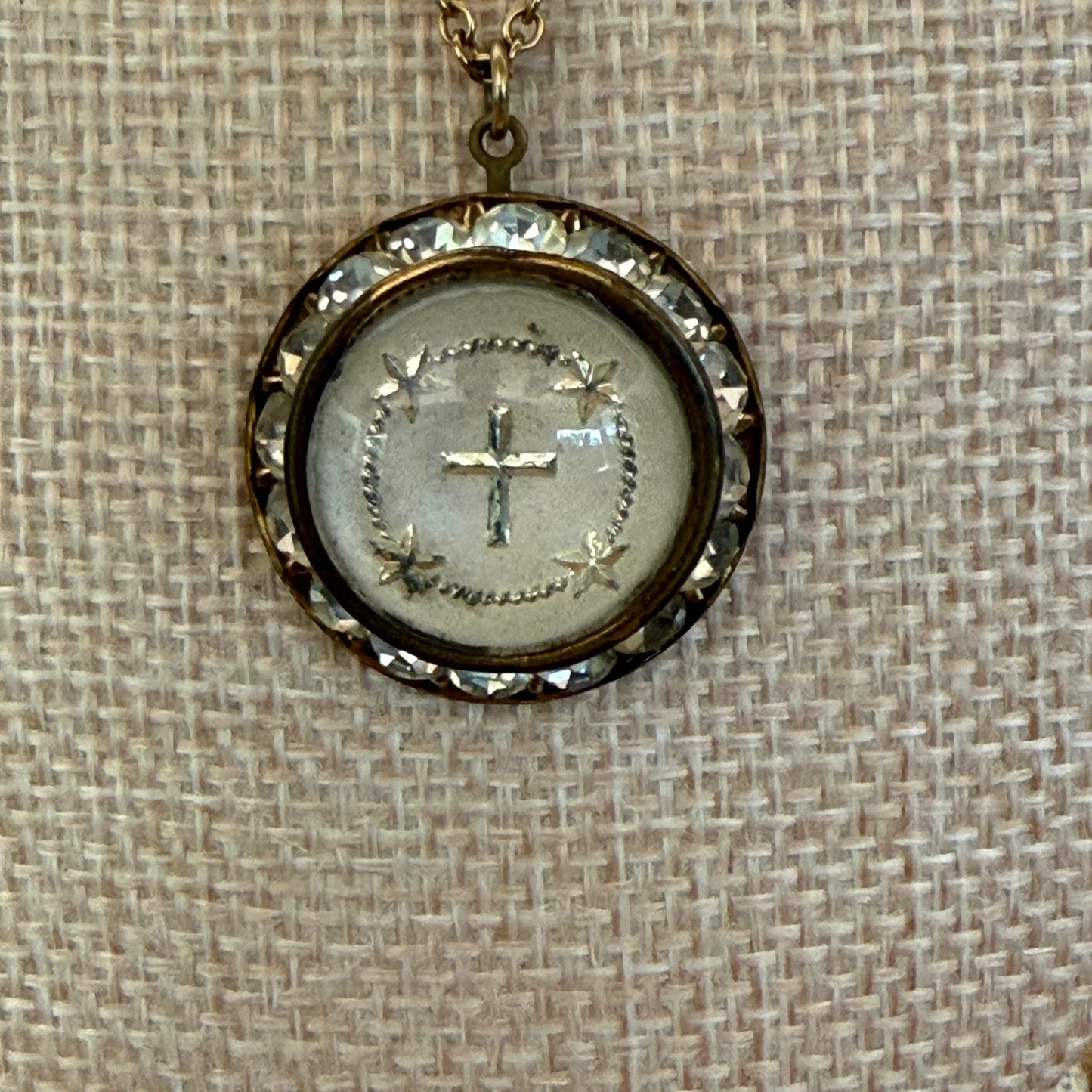 Crystal Cross Halo Medallion Necklace -  c.1940s