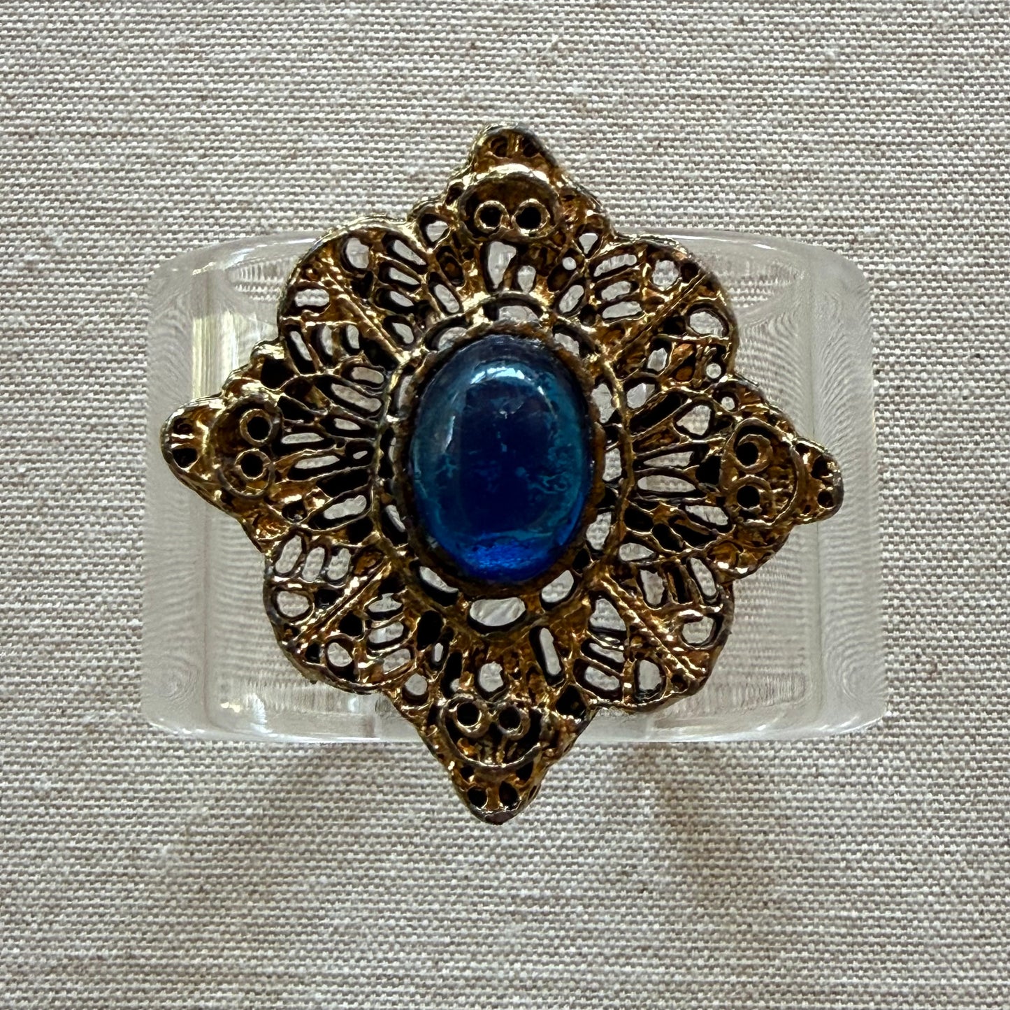 Antique Gold with Cobalt Cabochon Wide Acrylic Cuff (SM)