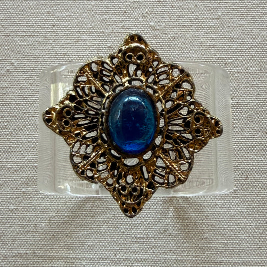 Antique Gold with Cobalt Cabochon Wide Acrylic Cuff (PETITE)