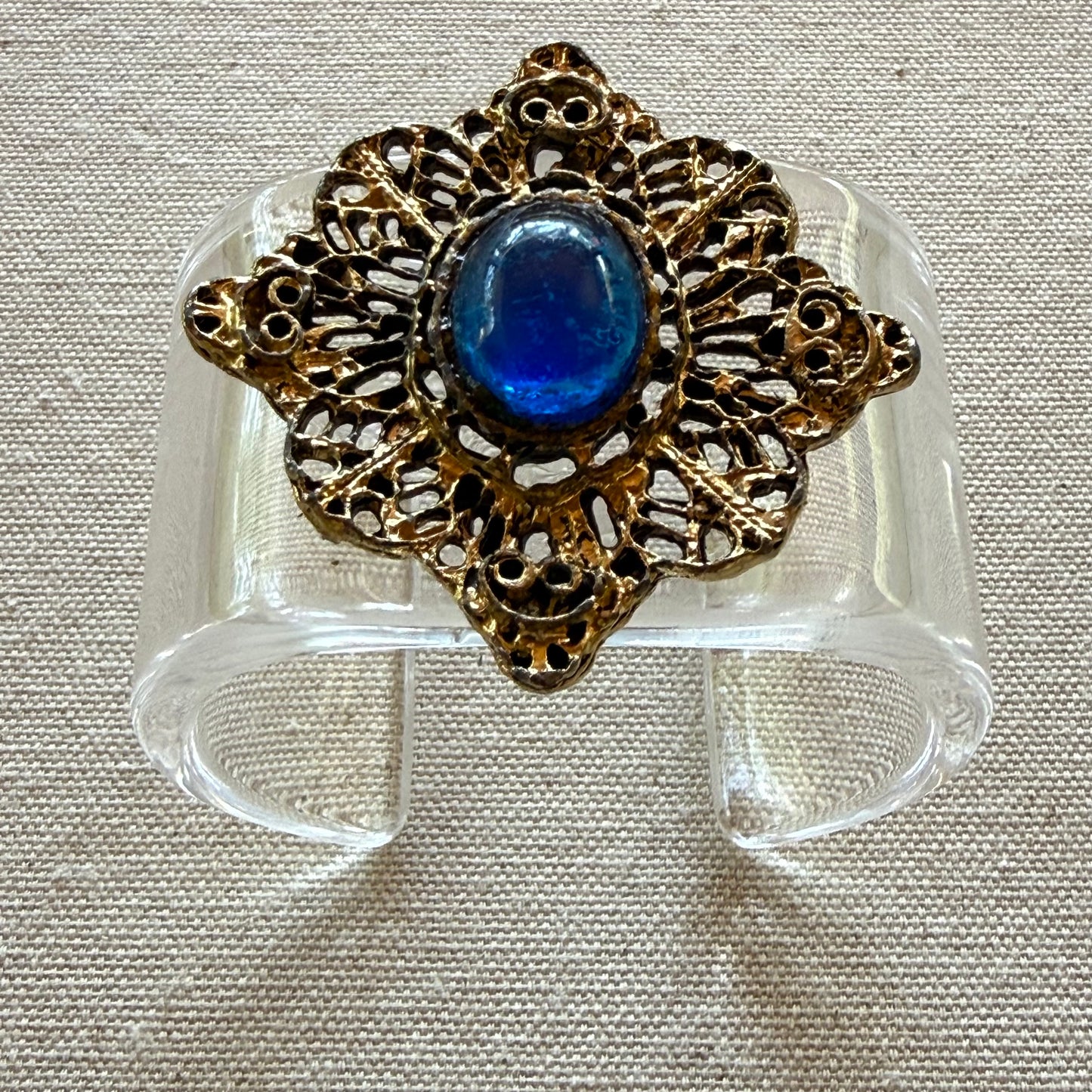 Antique Gold with Cobalt Cabochon Wide Acrylic Cuff (SM)