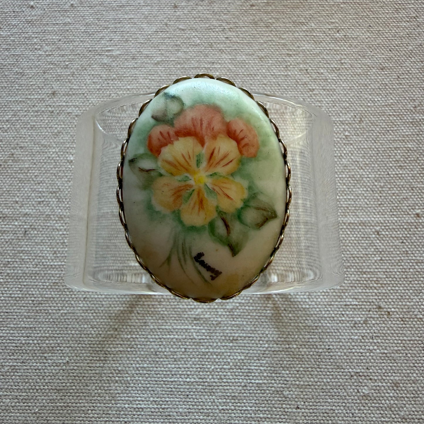 Porcelain Handpainted Brooch (Signed) Wide Acrylic Cuff (SM)