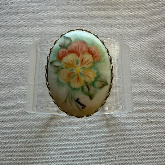 Porcelain Handpainted Brooch (Signed) Wide Acrylic Cuff (PETITE)