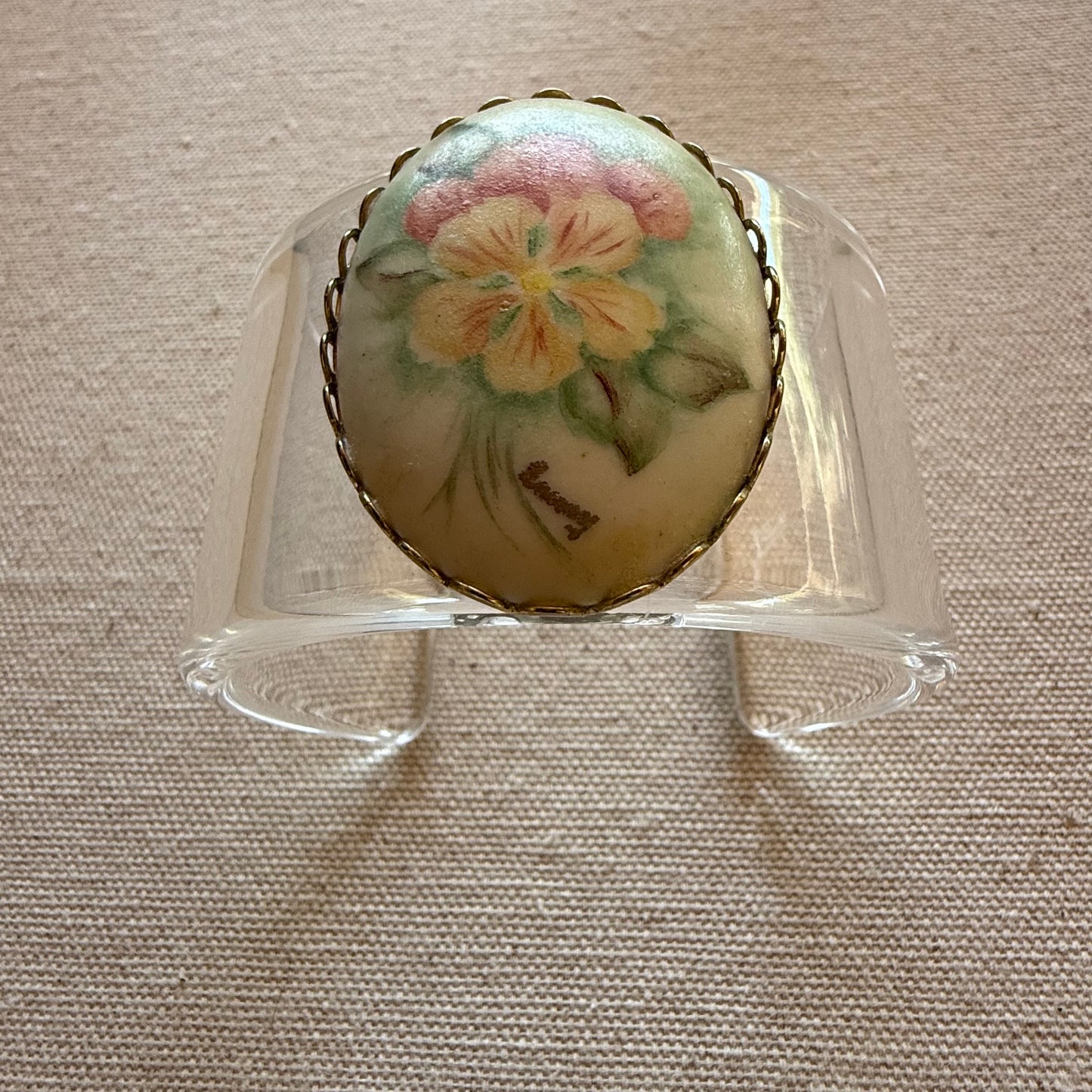 Porcelain Handpainted Brooch (Signed) Wide Acrylic Cuff (SM)