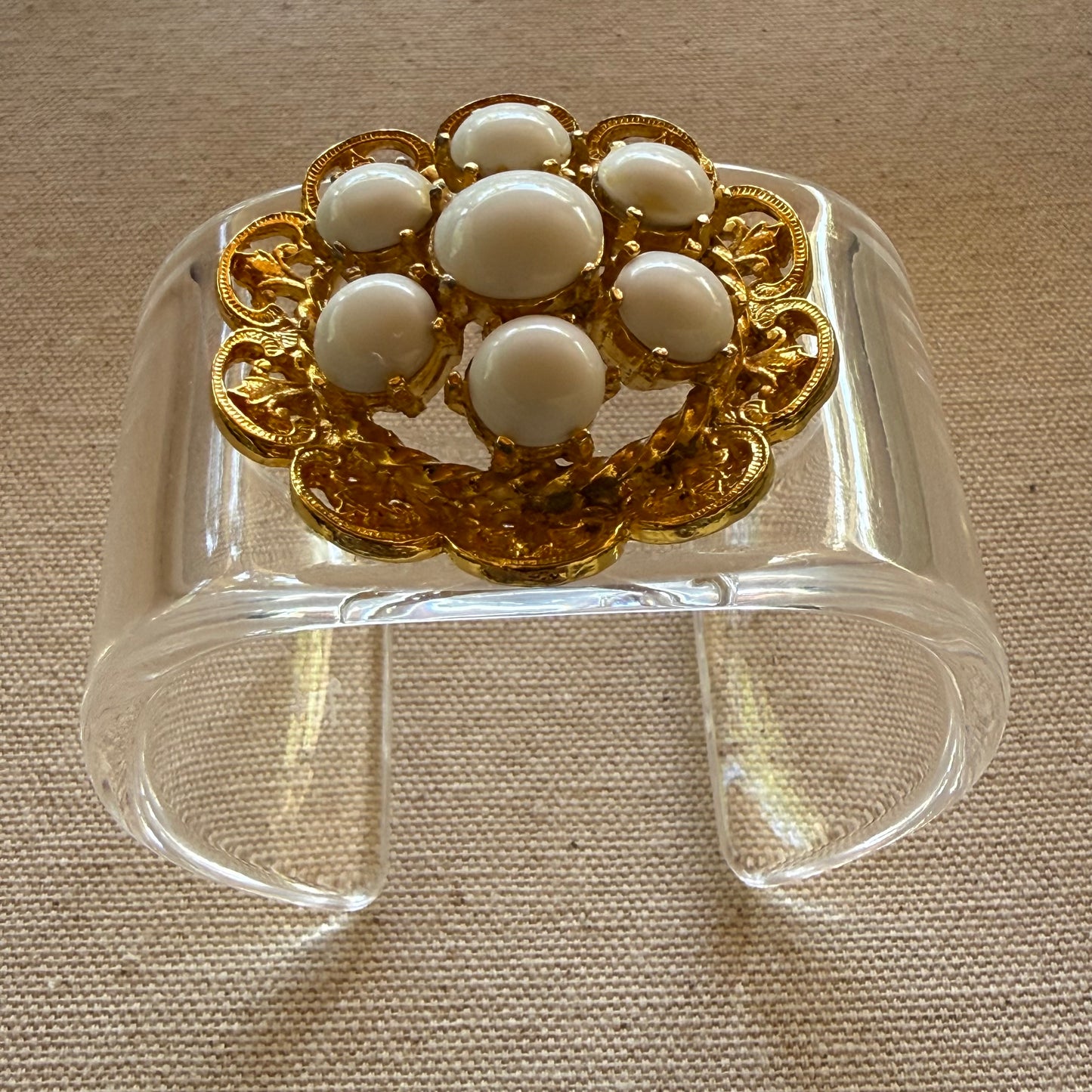 Gold Tone and White Cabochon Wide Acrylic Cuff (OSFM)