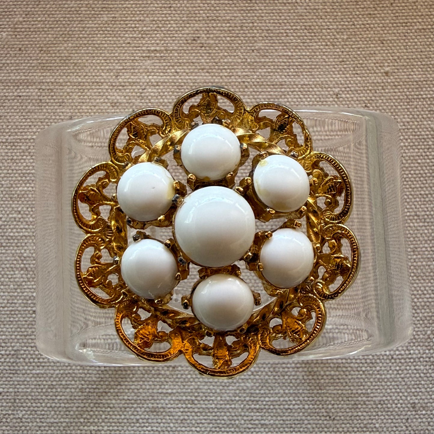 Gold Tone and White Cabochon Wide Acrylic Cuff (OSFM)