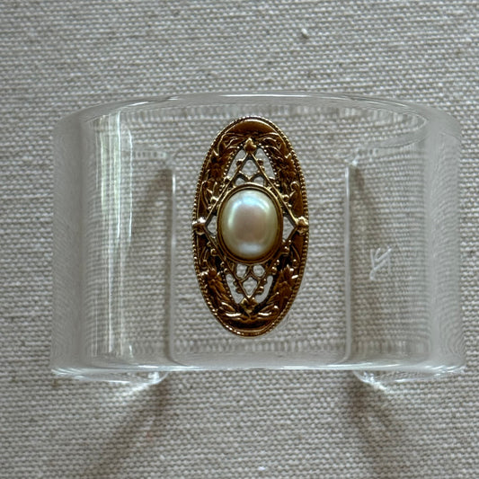 Goldtone Filigree & Pearl Narrow Oval Wide Acrylic Cuff (SM)