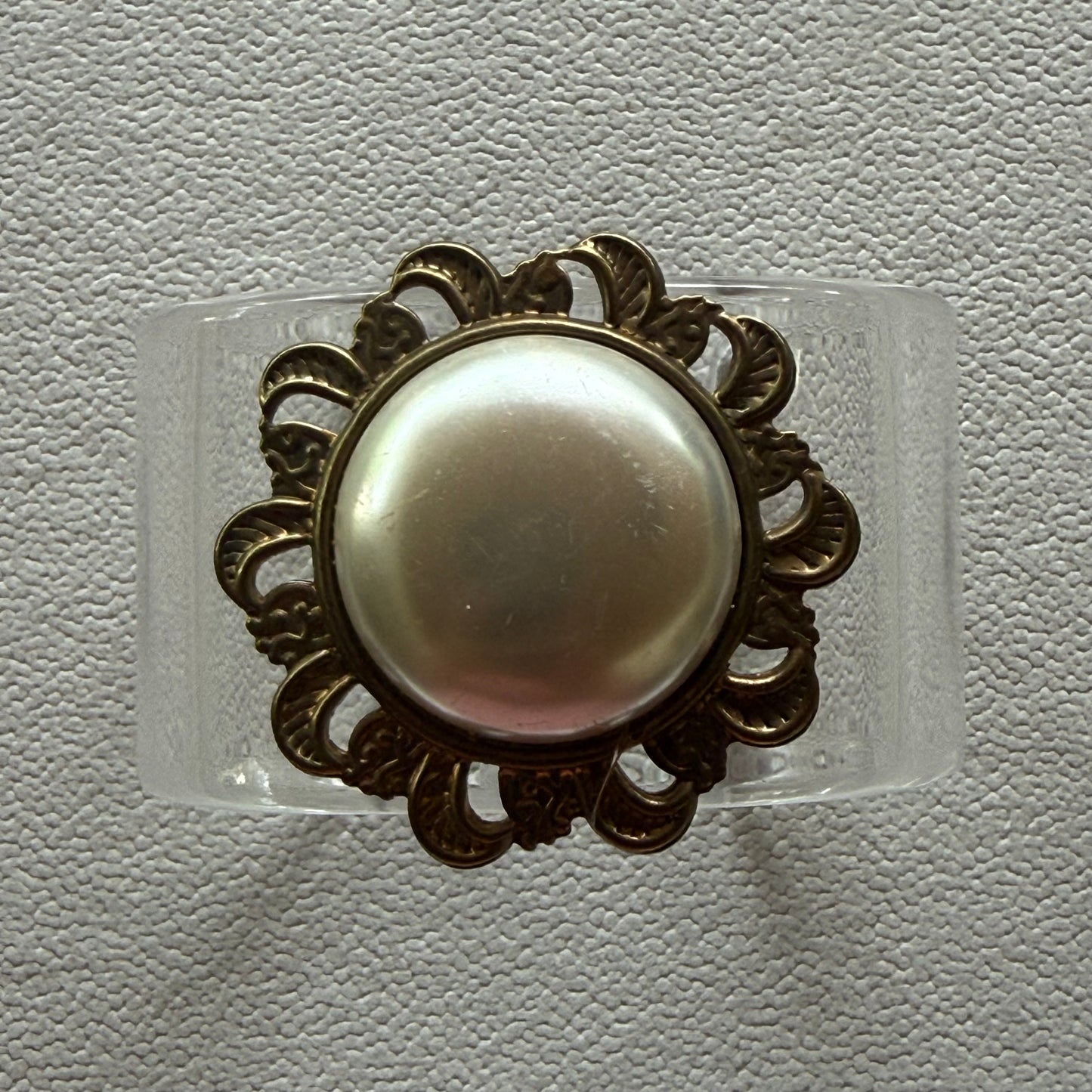 Brass Filigree and Faux Pearl Wide Acrylic Cuff (LG)