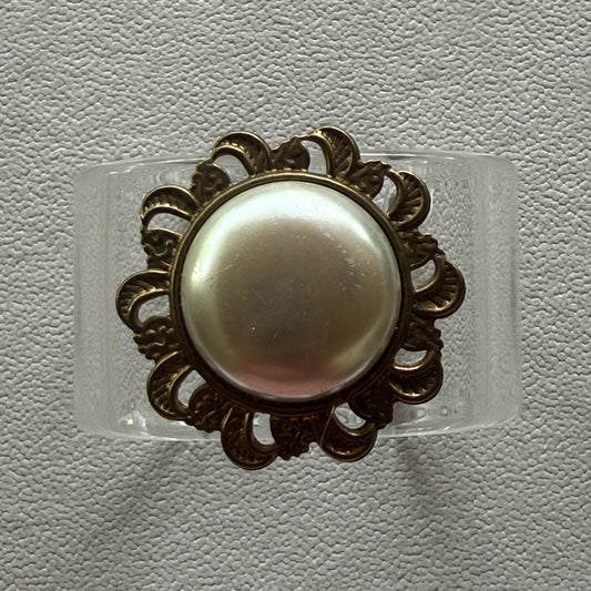 Brass Filigree and Faux Pearl Wide Acrylic Cuff (LG)