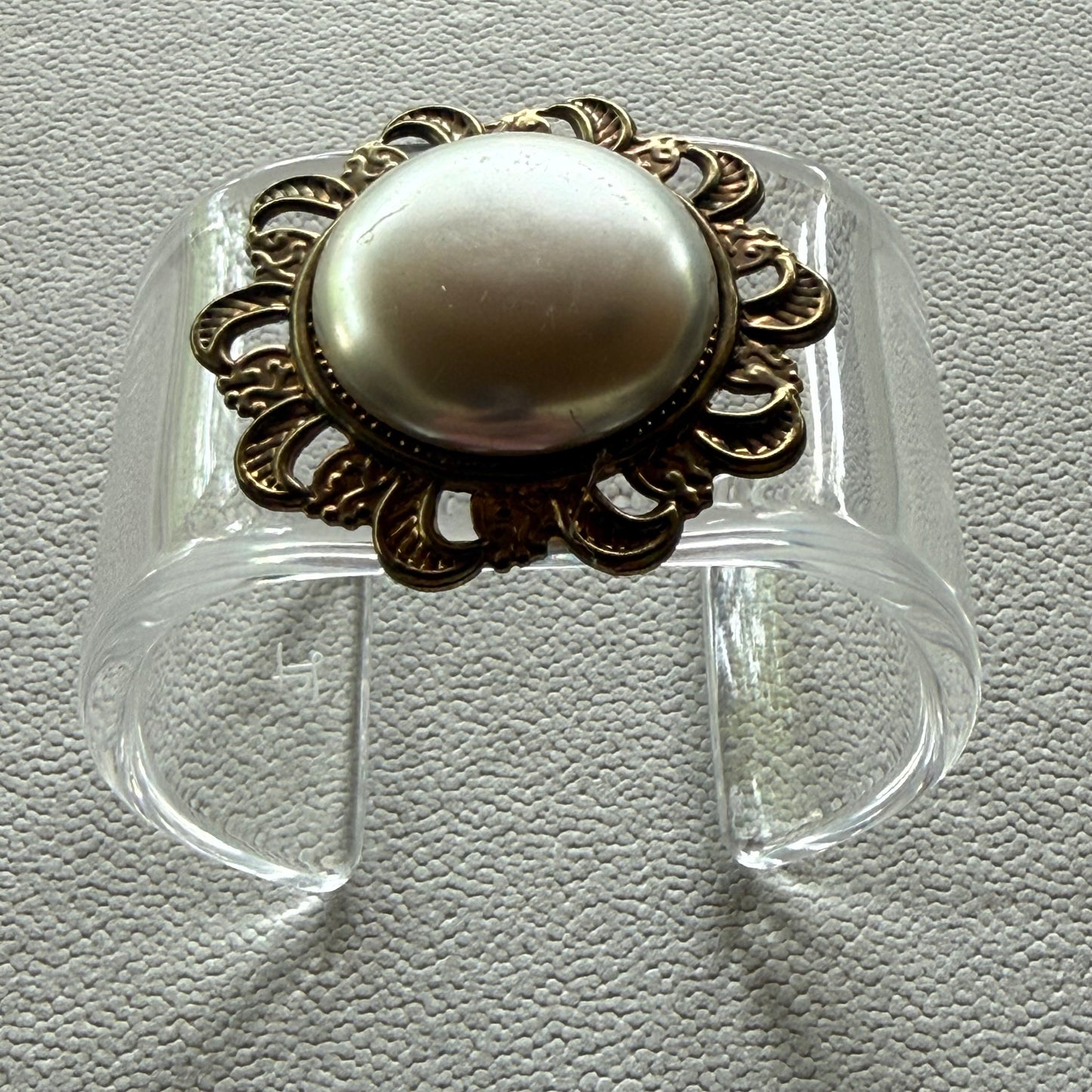 Brass Filigree and Faux Pearl Wide Acrylic Cuff (LG)