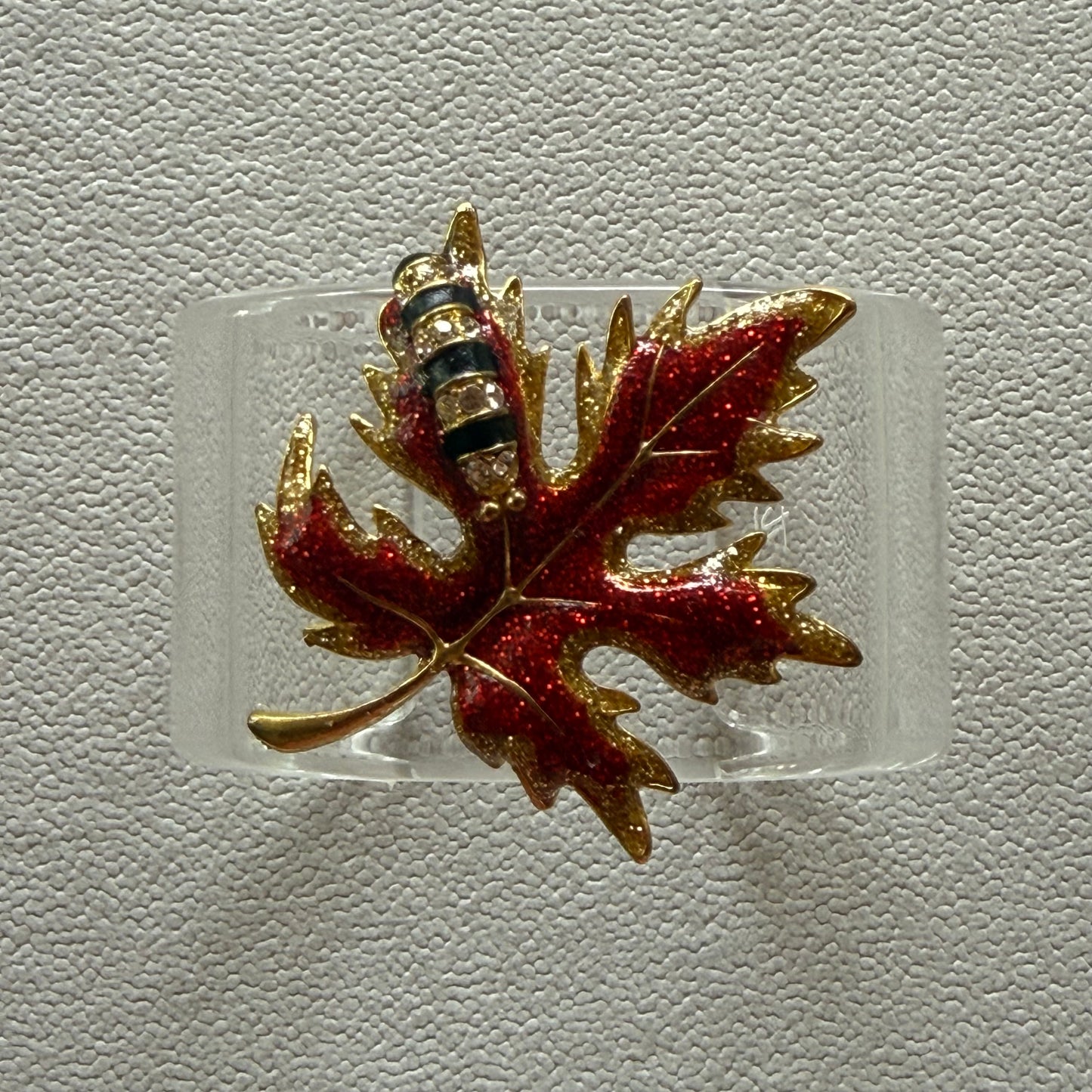 Red Glitter Enamel Leaf with Caterpillar Wide Acrylic Cuff (LG)