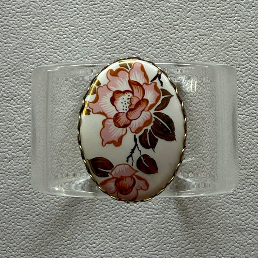 Handpainted Pink and Gold Leaf Porcelain Wide Acrylic Cuff (OSFM)