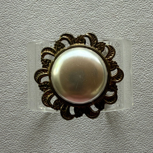 Brass Filigree and Faux Pearl Wide Acrylic Cuff (PETITE)