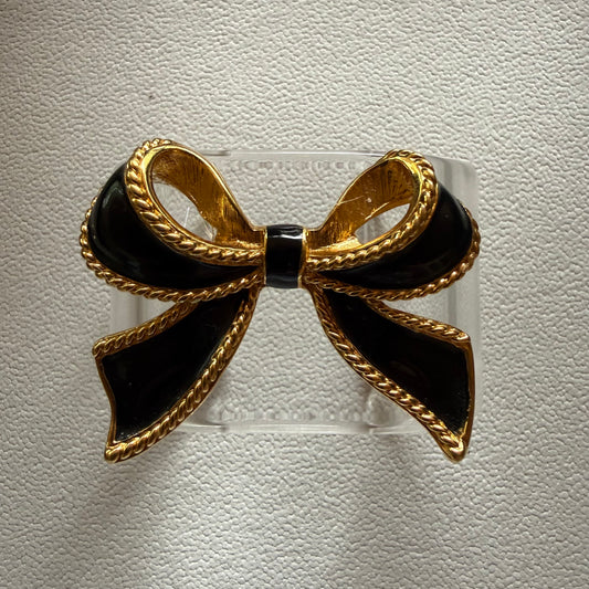 Black Enamel and Goldtone Bow Wide Acrylic Cuff (SM)
