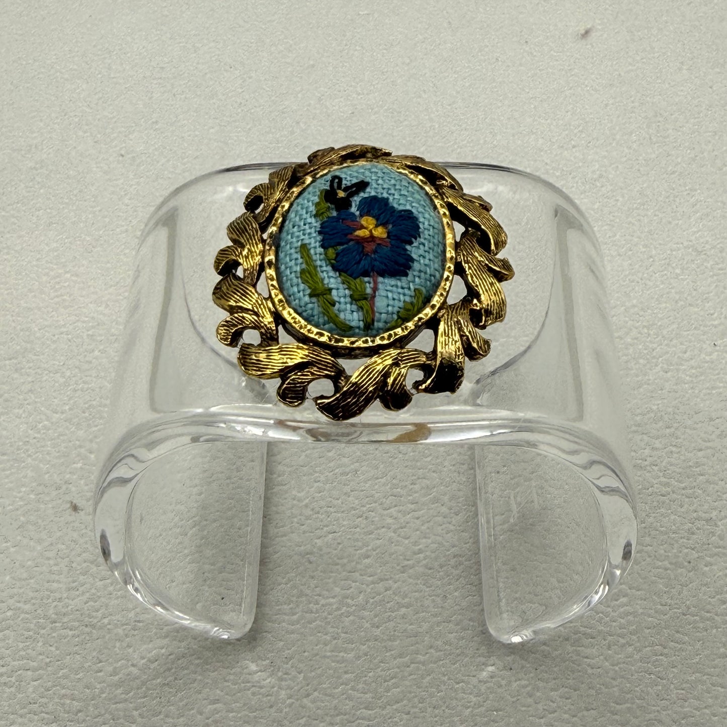Blue Pansy & Butterfly Needlepoint Wide Acrylic Cuff (SM)