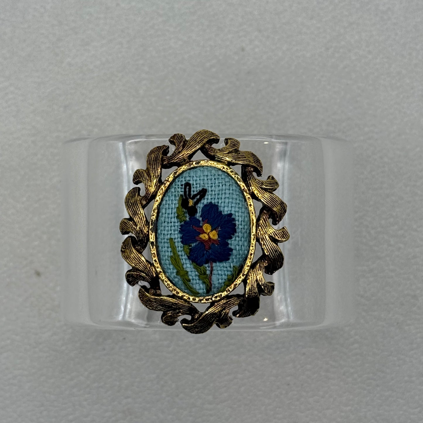 Blue Pansy & Butterfly Needlepoint Wide Acrylic Cuff (SM)