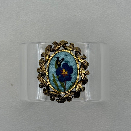 Blue Pansy & Butterfly Needlepoint Wide Acrylic Cuff (SM)