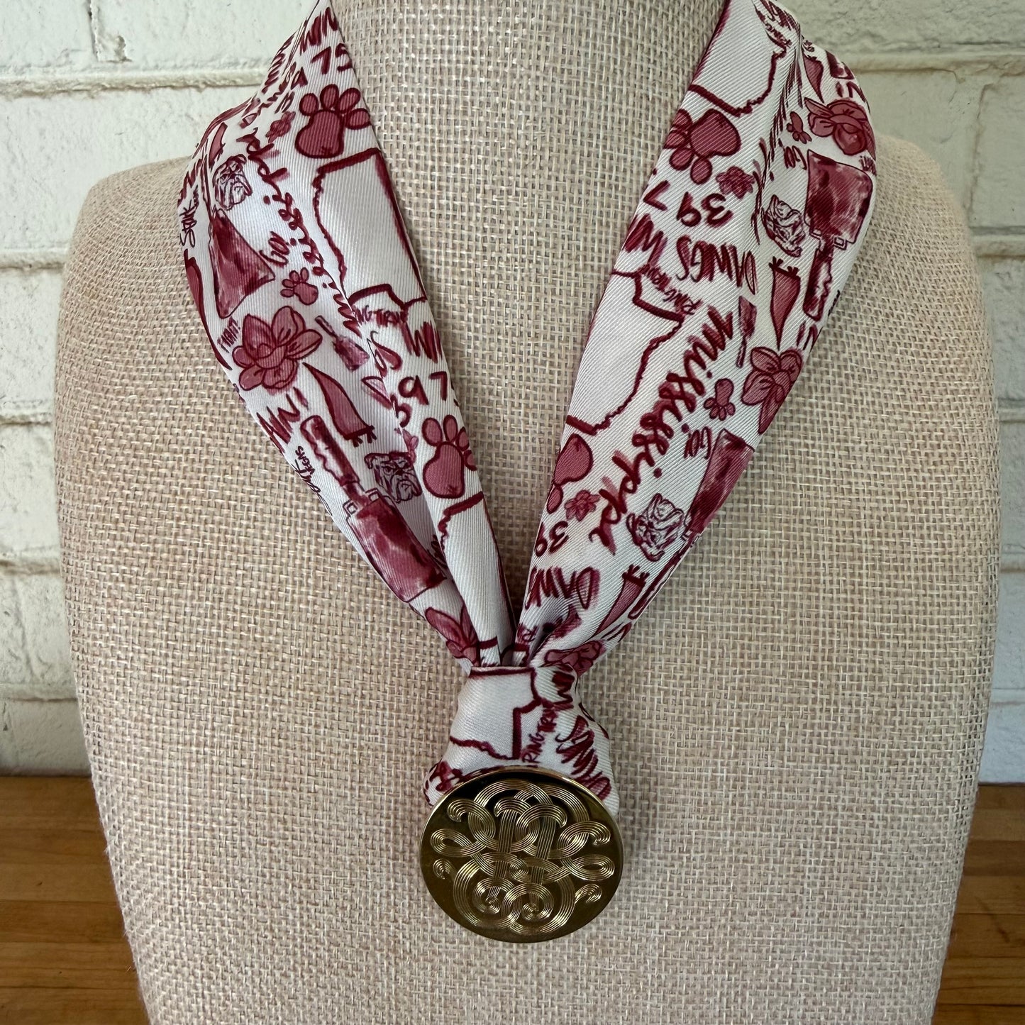 Starkville Tailgate Scarf with Vintage Gem - Golden Guilloché-style Disc