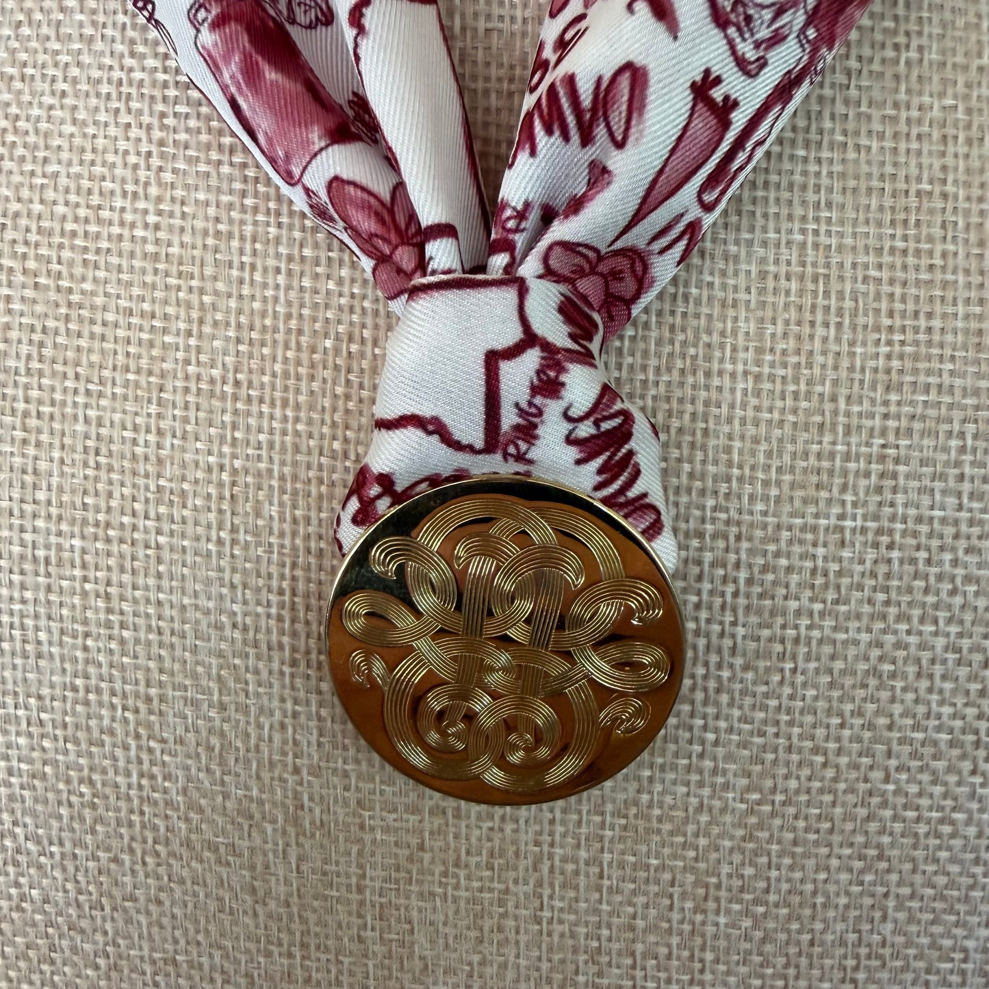 Starkville Tailgate Scarf with Vintage Gem - Golden Guilloché-style Disc