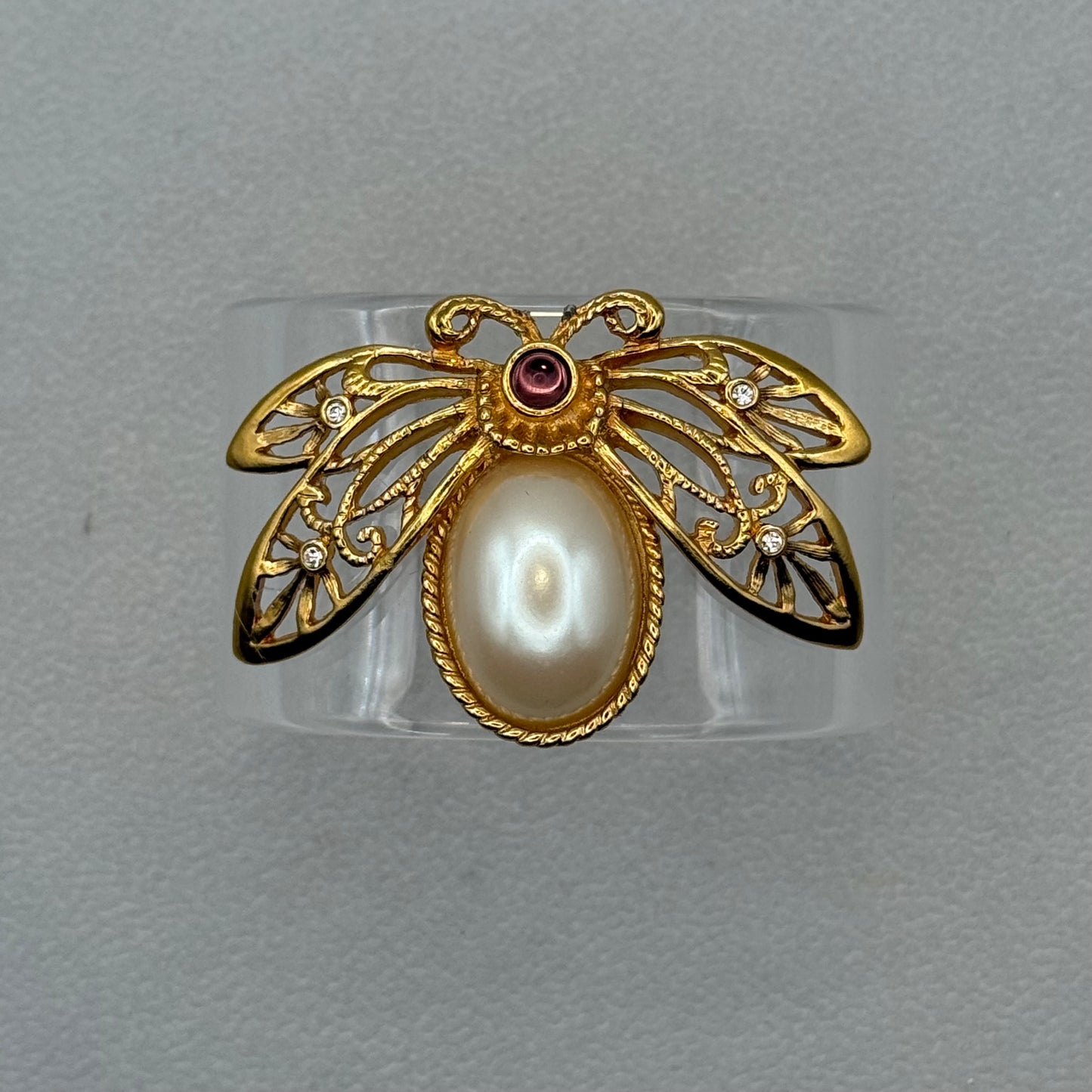 Golden Bee with Faux Pearl & Purple Wide Acrylic Cuff (MD)