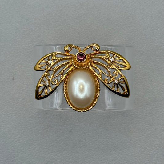 Golden Bee with Faux Pearl & Purple Wide Acrylic Cuff (MD)