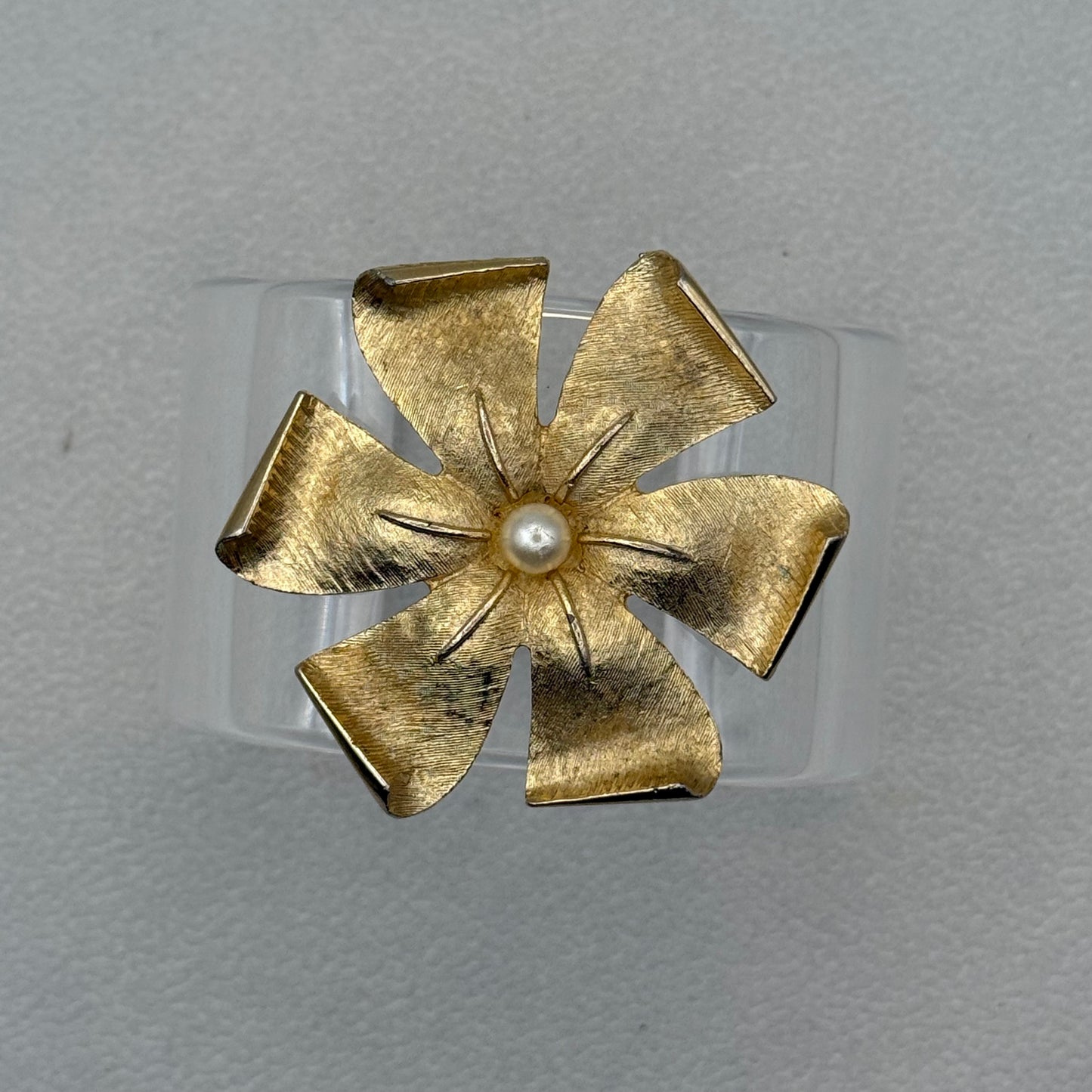 Brushed Sculptural Flower with Pearl Wide Acrylic Cuff (MD)