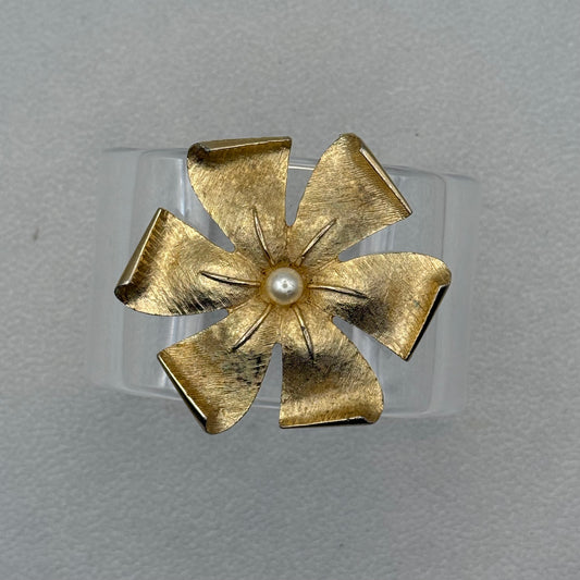 Brushed Sculptural Flower with Pearl Wide Acrylic Cuff (MD)