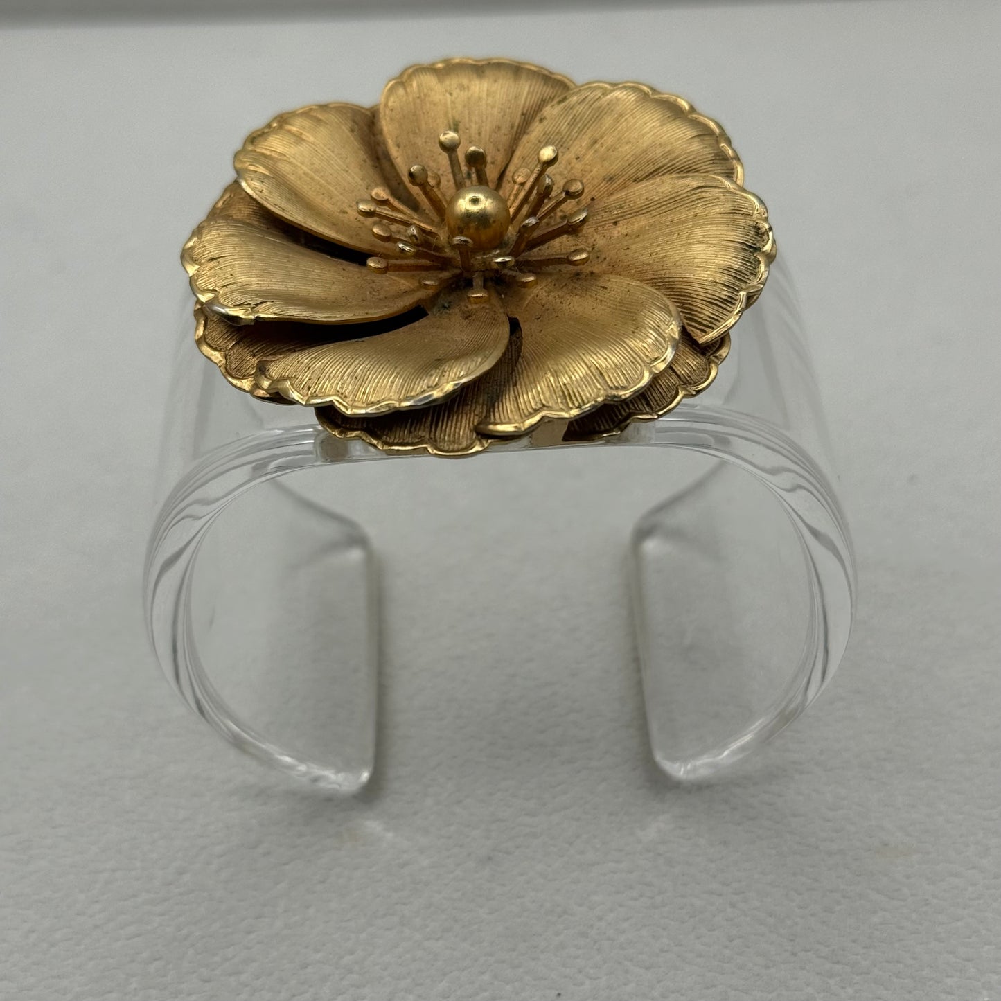 Ribbed Goldtone Statement Flower Wide Acrylic Cuff LG)