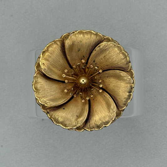 Ribbed Goldtone Statement Flower Wide Acrylic Cuff LG)