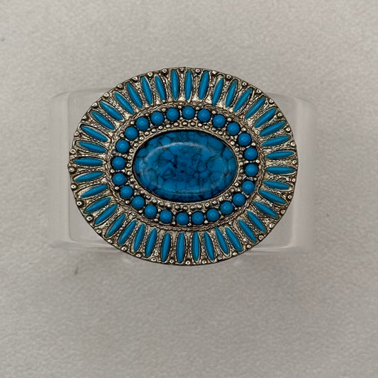 Silvertone and Turquoise Sunburst Wide Acrylic Cuff (LG)