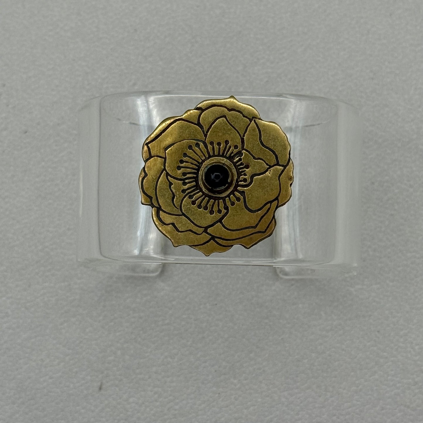 Brass and Onyx Floral Wide Acrylic Cuff (LG)