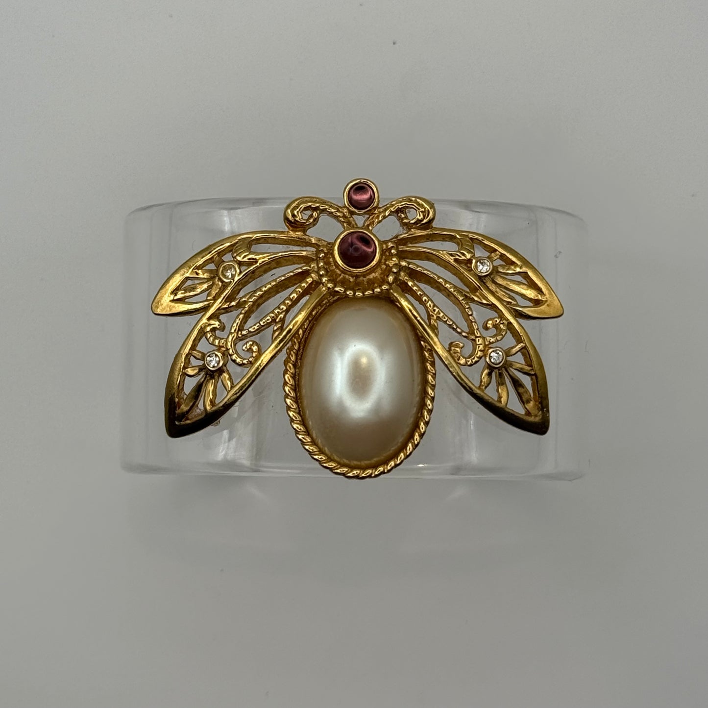 Bee with Faux Pearl and Purple Stones Acrylic Cuff (LG)