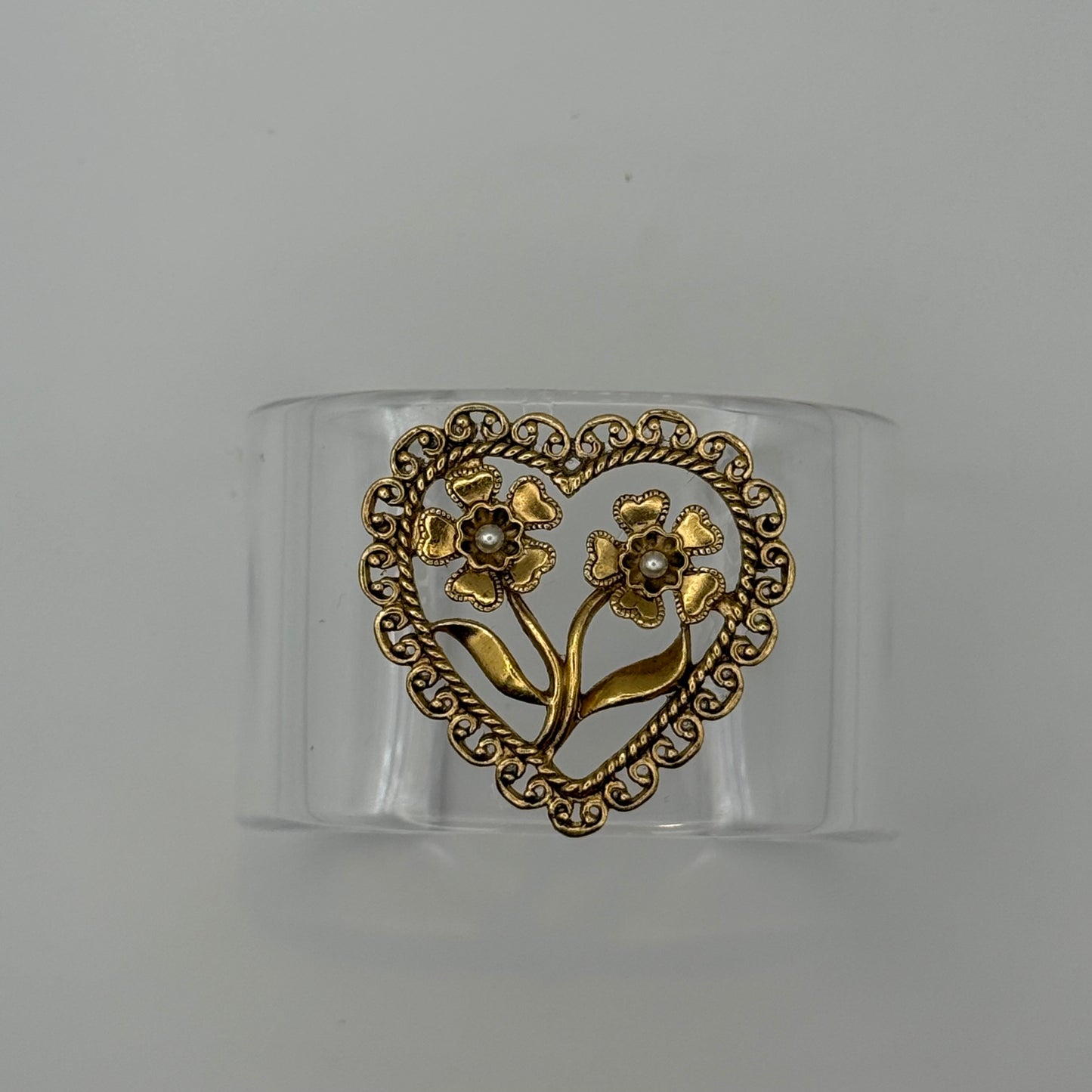 Filigree and Pearl Heart Wide Acrylic Cuff (SM)