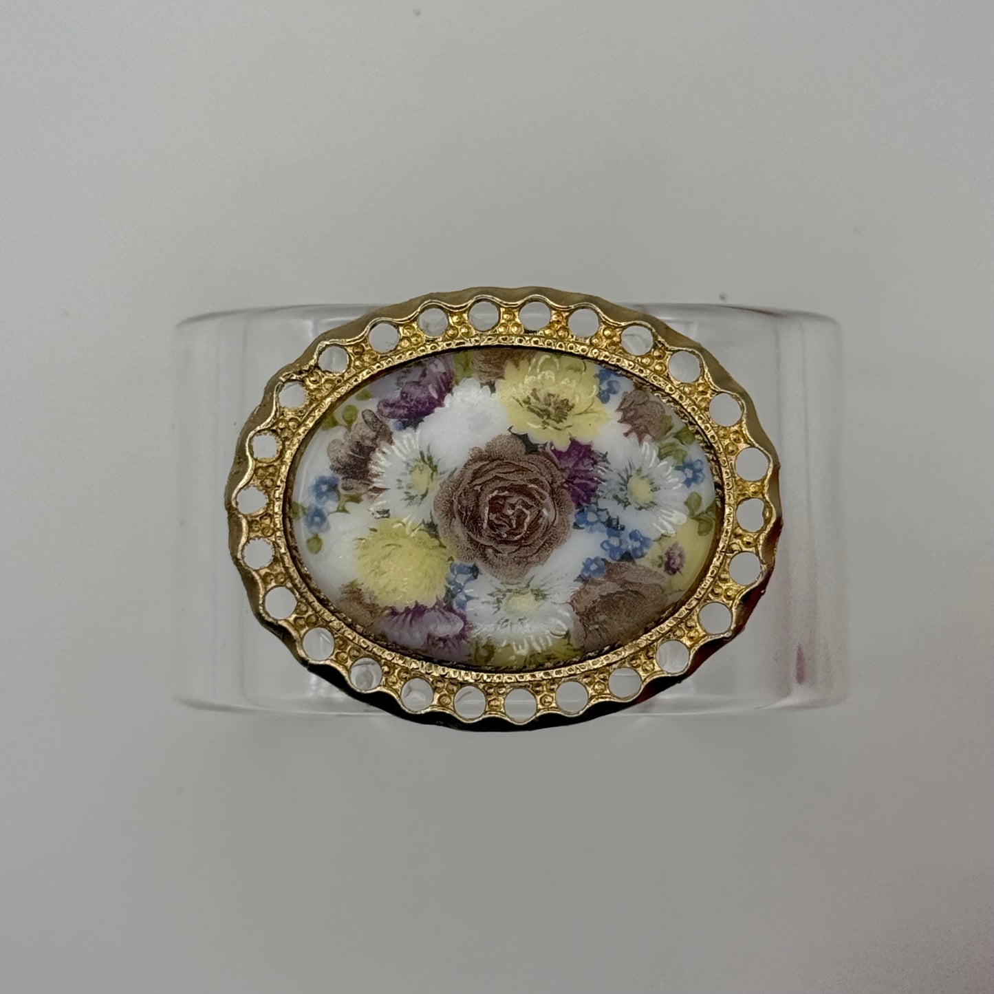 Purple Floral Porcelain Wide Acrylic Cuff (LG)