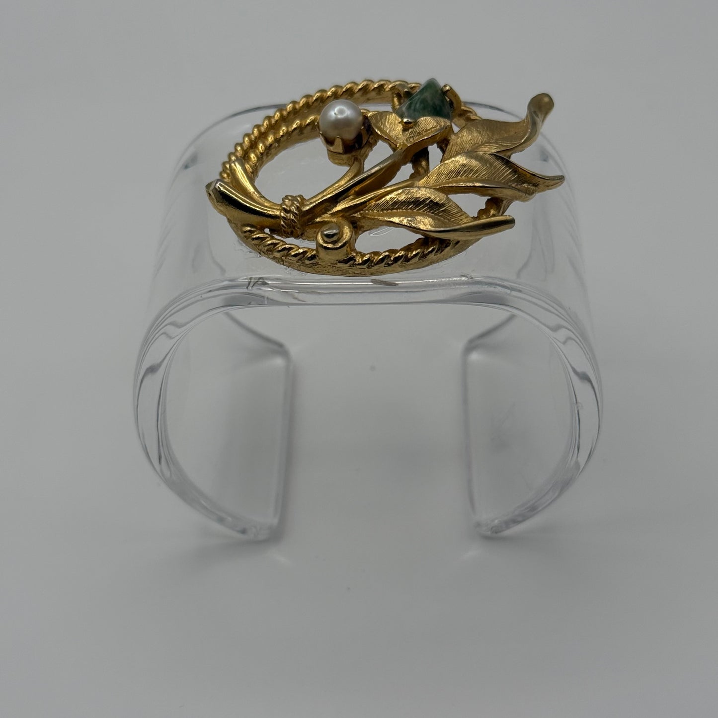Golden Pearl and Green Botanical Wide Acrylic Cuff (PETITE)