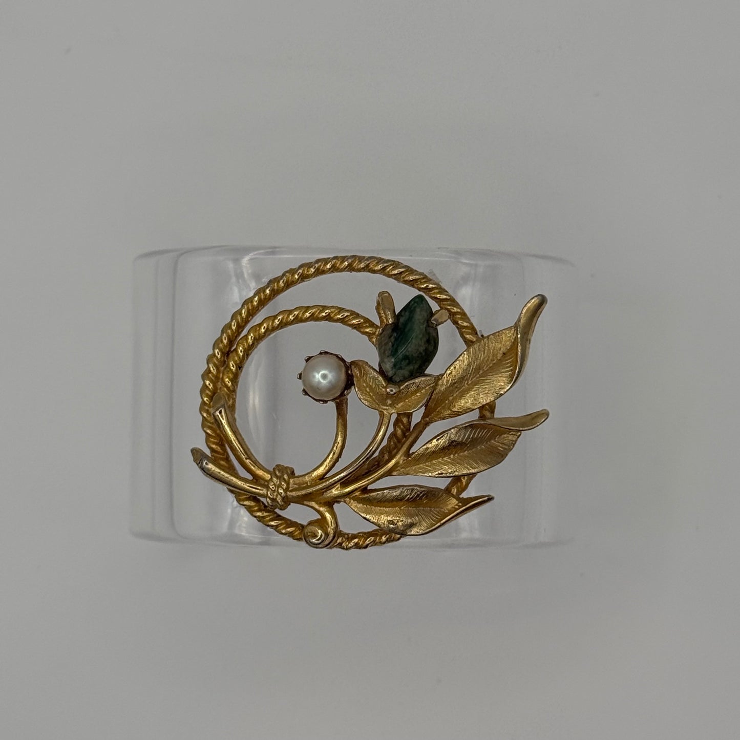 Golden Pearl and Green Botanical Wide Acrylic Cuff (PETITE)