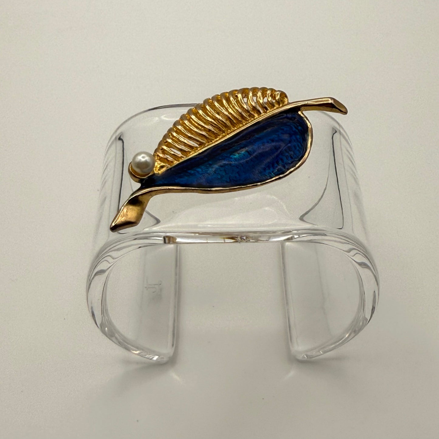 Blue Enamel Golden Leaf with Pearl Wide Acrylic Cuff (MD)