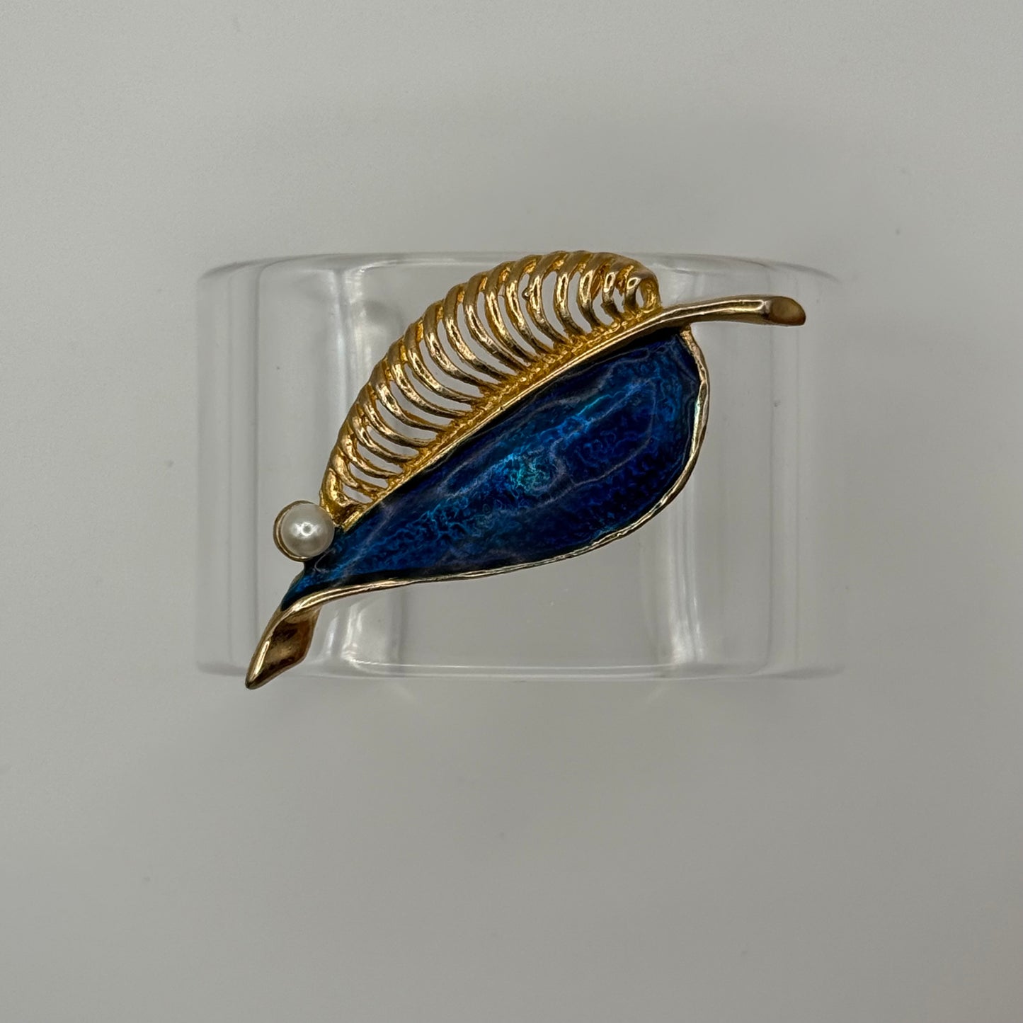 Blue Enamel Golden Leaf with Pearl Wide Acrylic Cuff (MD)