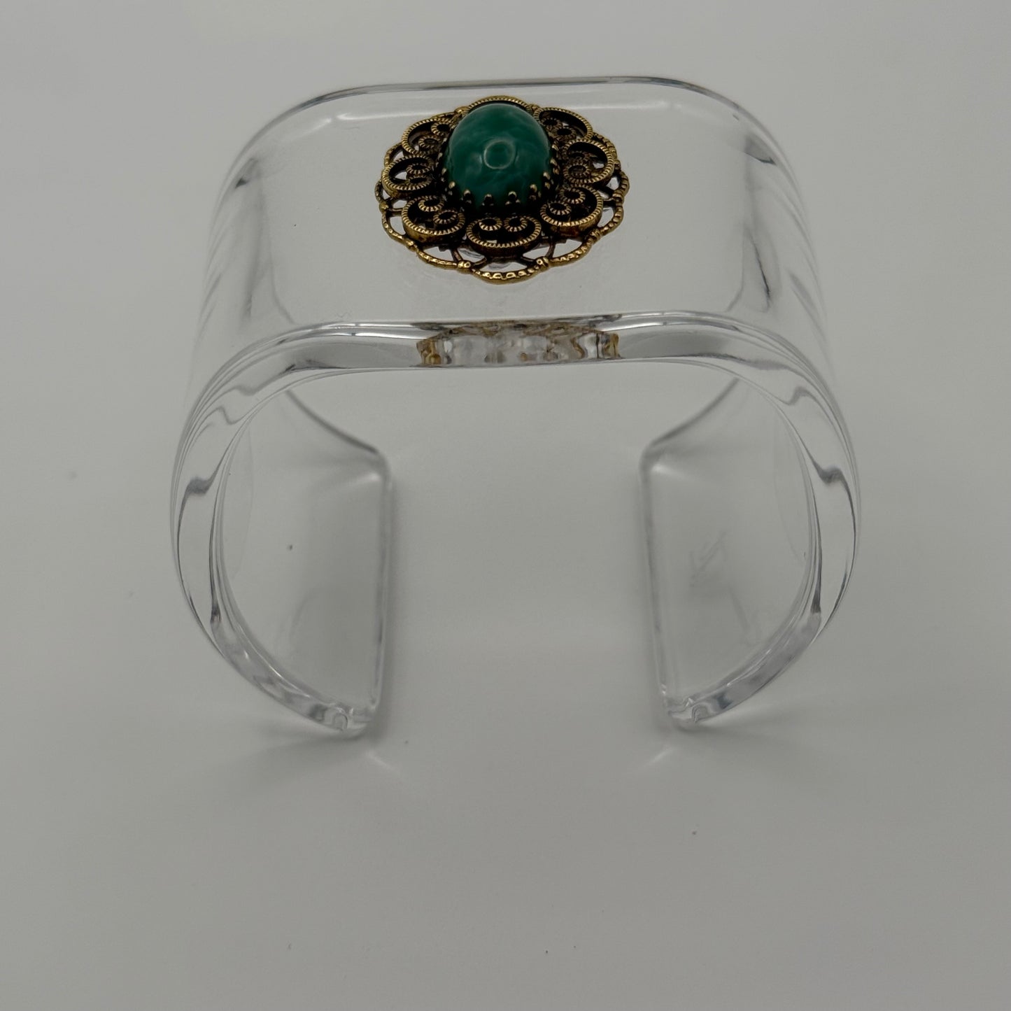 Emerald Cabochon and Filigree Wide Acrylic Cuff (X-Petite)