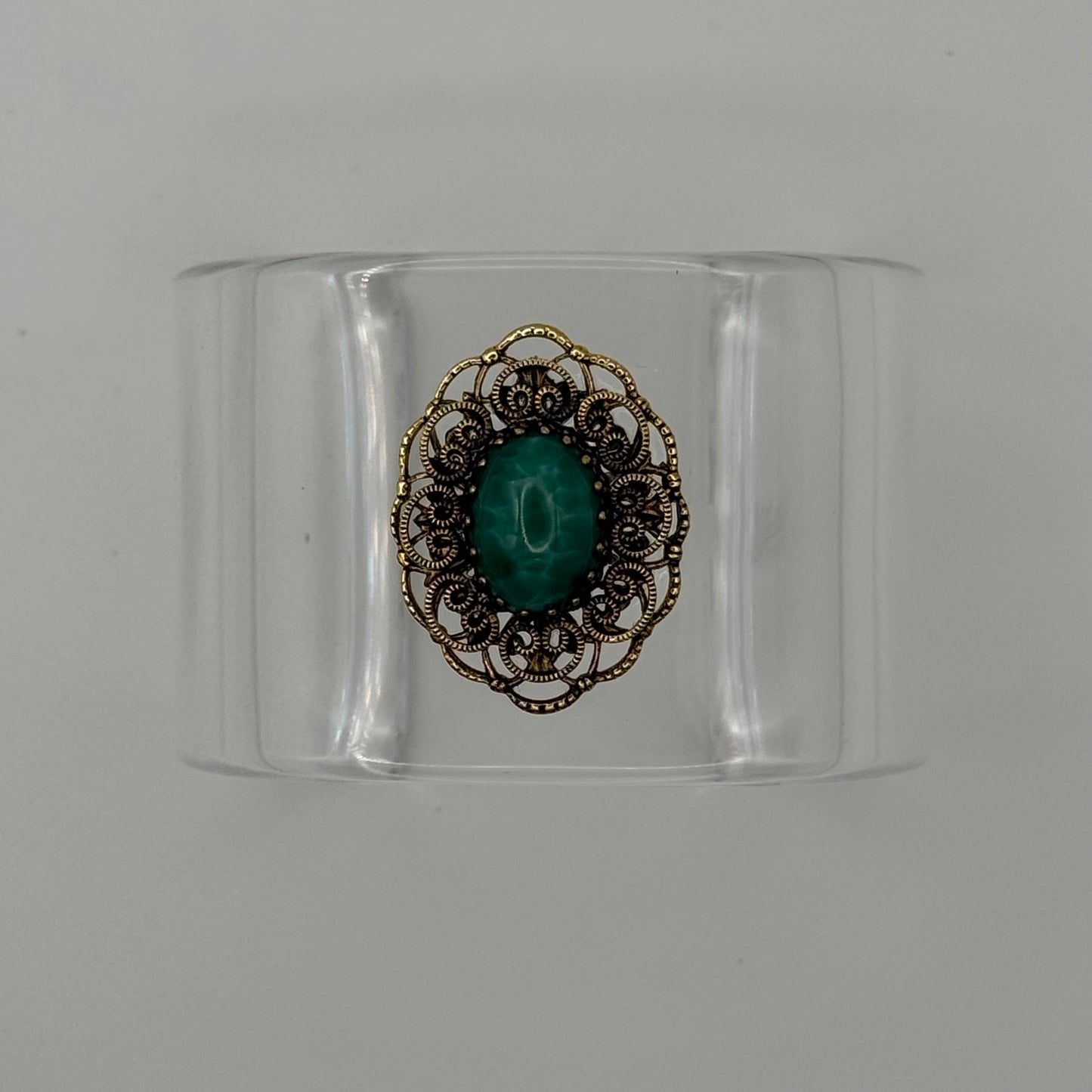 Emerald Cabochon and Filigree Wide Acrylic Cuff (X-Petite)